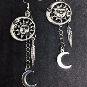 Handmade Silver Dangle Boho Celestial Sun and Moon Feather Chain Earrings
